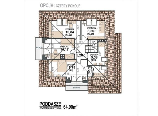 Rzut projektu Opałek III N - rzut poddasza - opcja 4 sypialnie