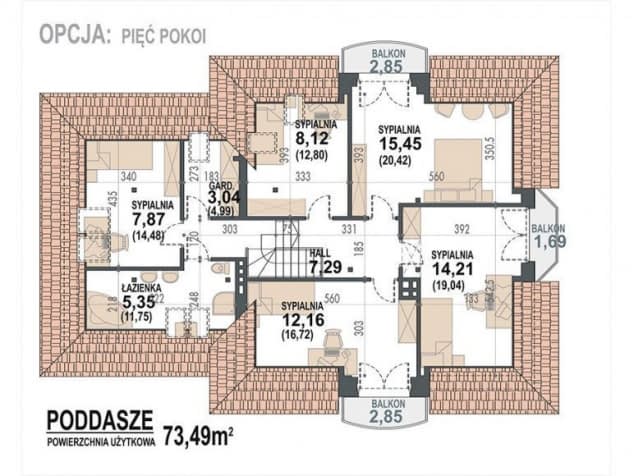 Rzut projektu Śnieżka K 2G - rzut poddasza - opcja 5 sypialni