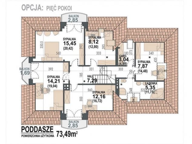 Rzut projektu Śnieżka K 2G - rzut poddasza - opcja 5 sypialni