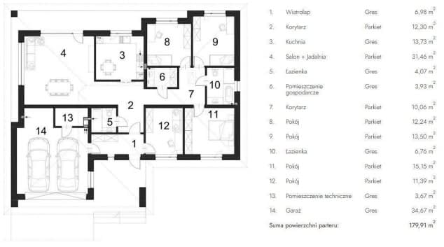 Rzut projektu ODKRYTY D77 WARIANT I - Rzut parteru