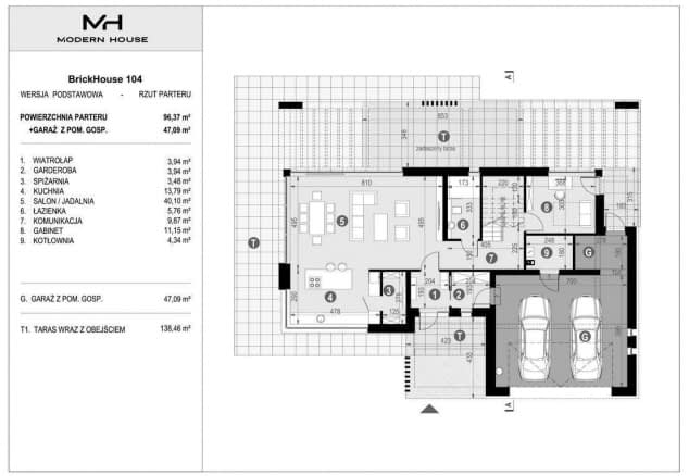 Rzut projektu BrickHouse 104 - Rzut parteru