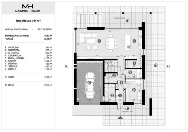 Rzut projektu BrickHouse 794 w1 - Rzut parteru