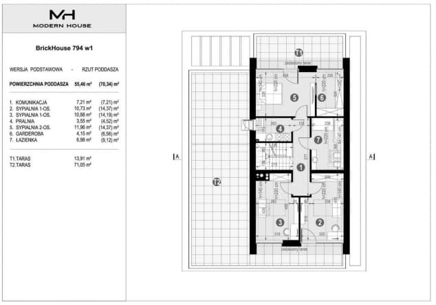 Rzut projektu BrickHouse 794 w1 - Rzut poddasza