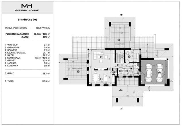 Rzut projektu BrickHouse 705 - Rzut parteru