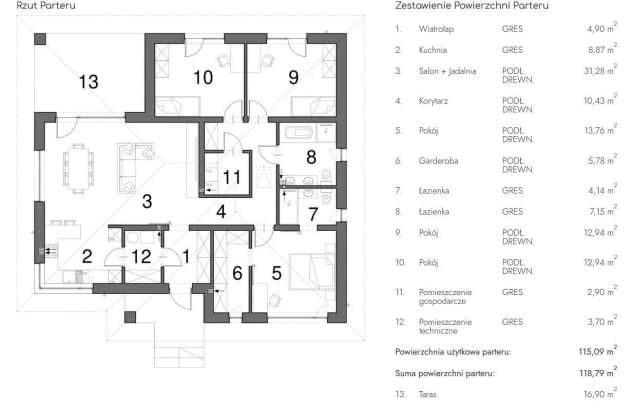 Rzut projektu EG-106 wariant II - Rzut parteru