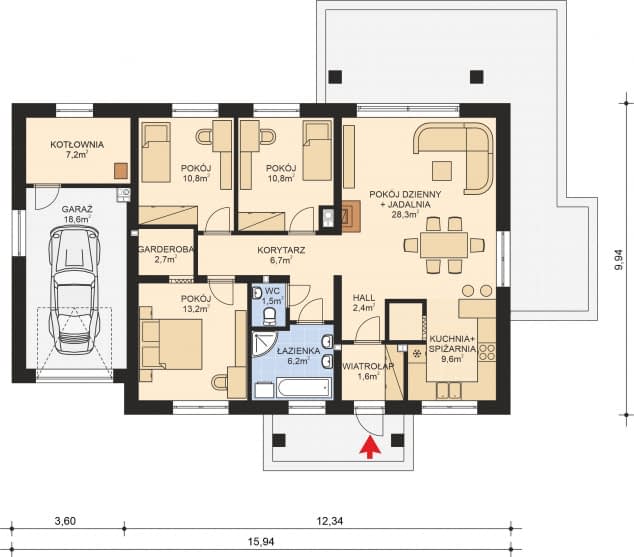 Rzut projektu APS 332+G - Parter