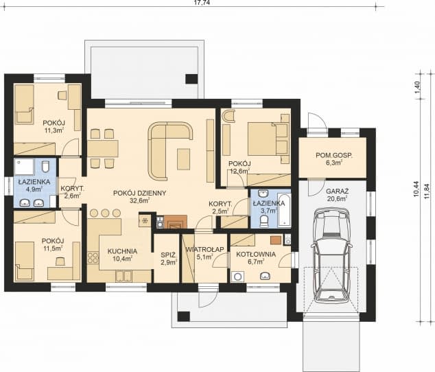 Rzut projektu APS 324+G - Parter
