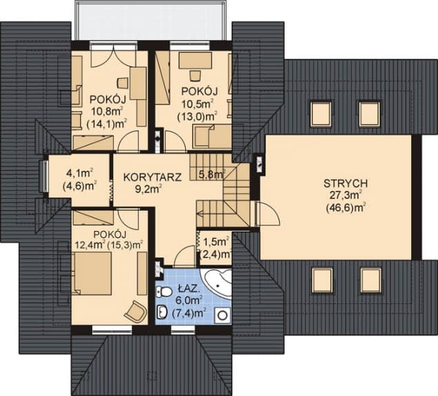 Rzut projektu APS 075 + 2G - Poddasze