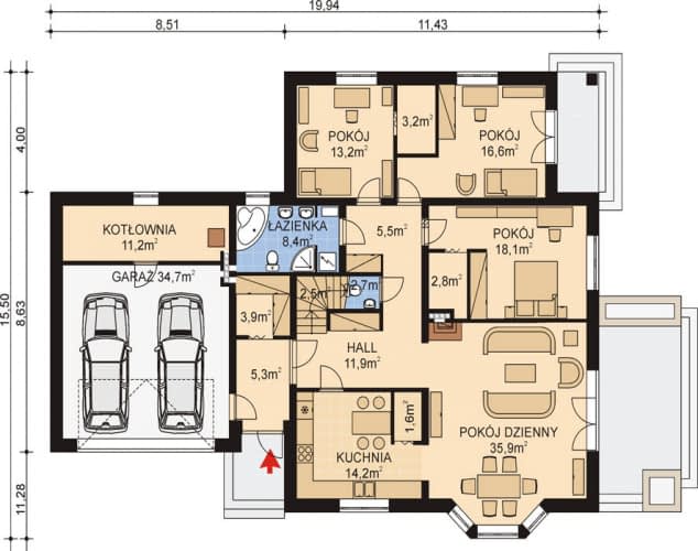 Rzut projektu APS 180+2G - Parter