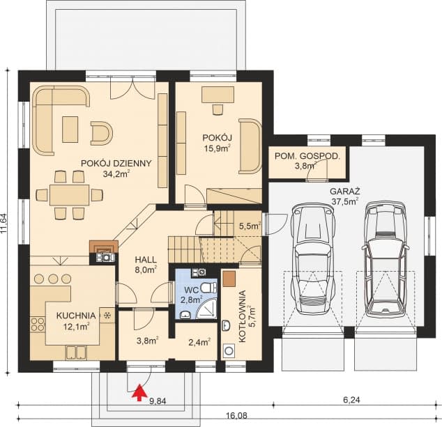 Rzut projektu APS 136 + 2G - Parter