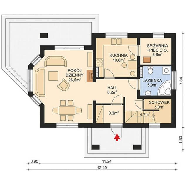 Rzut projektu APS 128 - Parter