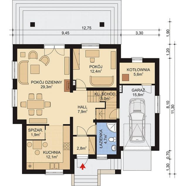 Rzut projektu APS 195 - Parter