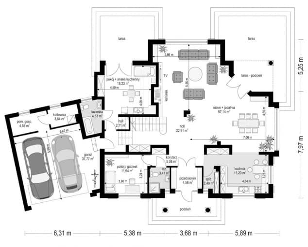 Rzut projektu Dom z Kolumnami wariant B - Parter