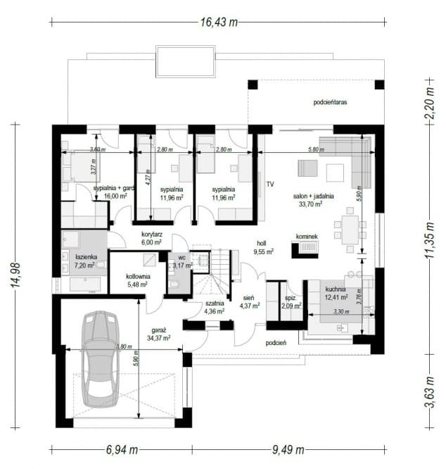 Rzut projektu Parterowy 3 wariant B - Parter