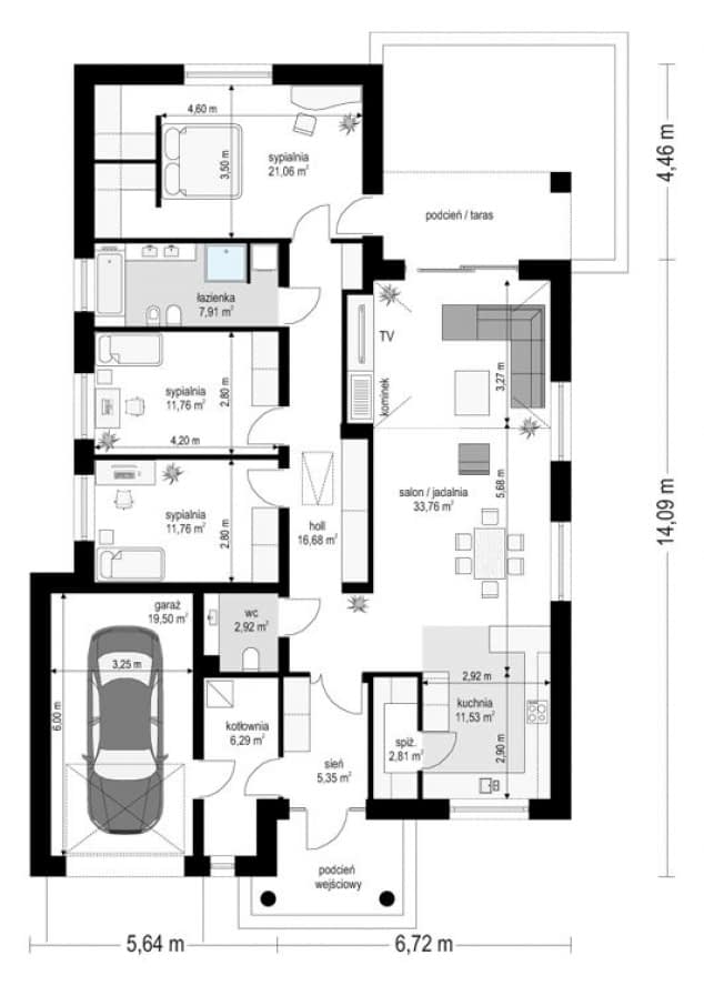 Rzut projektu Parterowy Wąski - Parter