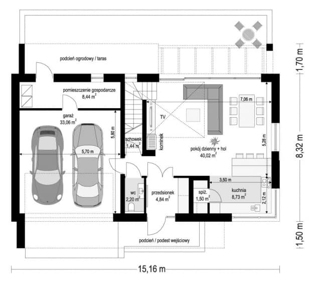Rzut projektu Dom na Zgrabnej - Parter