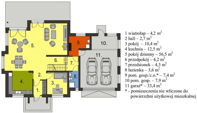 Rzut projektu Magda z garażem dwustanowiskowym - Rzut parteru