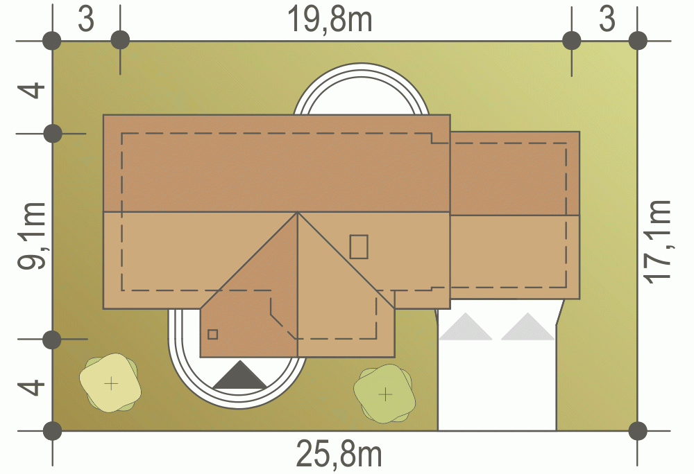 Rzut projektu Skowronek z G2 z garażem 2st. - Usytuowanie na działce