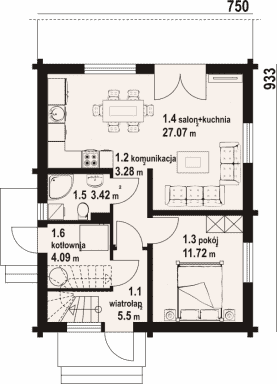 Rzut projektu grochowo aa 70 dw - Parter