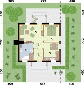 Rzut projektu 
       LA LORA C szkielet drewniany dom mieszkalny, całoroczny 
     - 
         Rzut przyziemia 
      