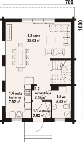 Rzut projektu gąsawa aa 70 dw - Parter