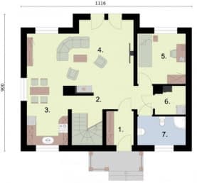 Rzut projektu AVALON szkielet drewniany, dom mieszkalny jednorodzinny z poddaszem użytkowym - Rzut przyziemia