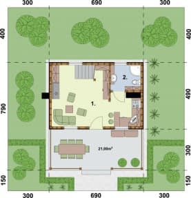 Rzut projektu BARI dom letniskowy z poddaszem szkielet drewniany - Rzut przyziemia