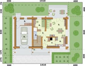 Rzut projektu SEVILLA 3A bale drewniane z pojedynczym garażem - Rzut przyziemia