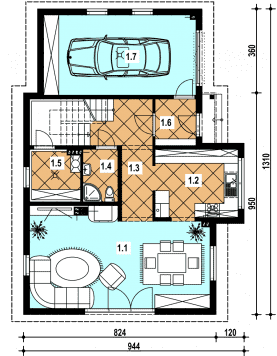 Rzut projektu A-129 szkieletowy - Parter