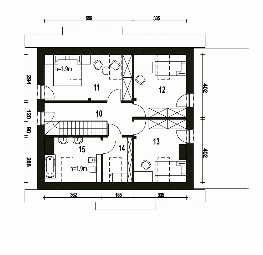 Rzut projektu Sosnówka II A1 z wiatą - Piętro