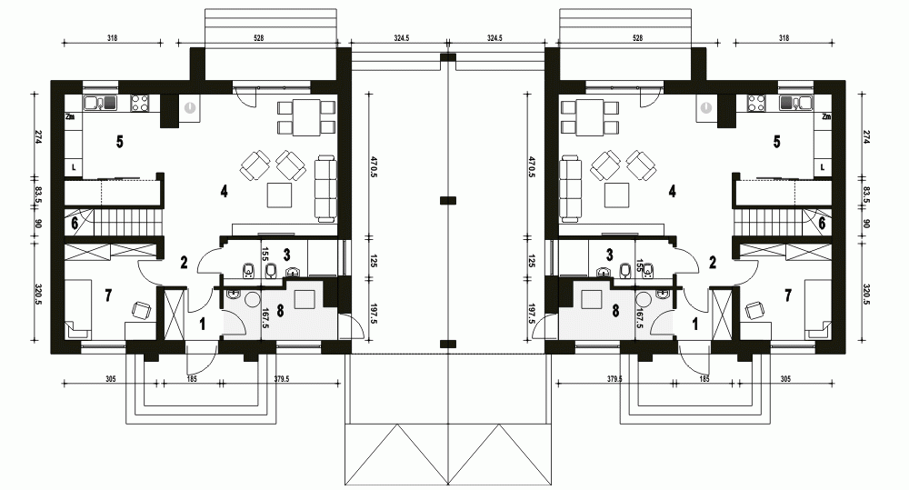Rzut projektu Lerka bliźniak A-BL1 z wiatą - Parter