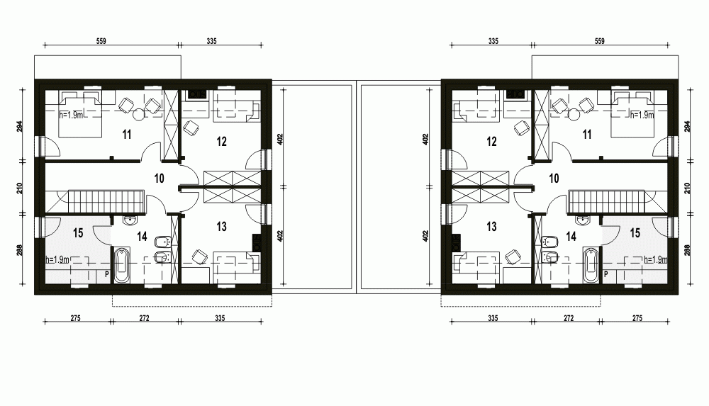 Rzut projektu Sosnówka bliźniak A-BL1 z garażem - Piętro
