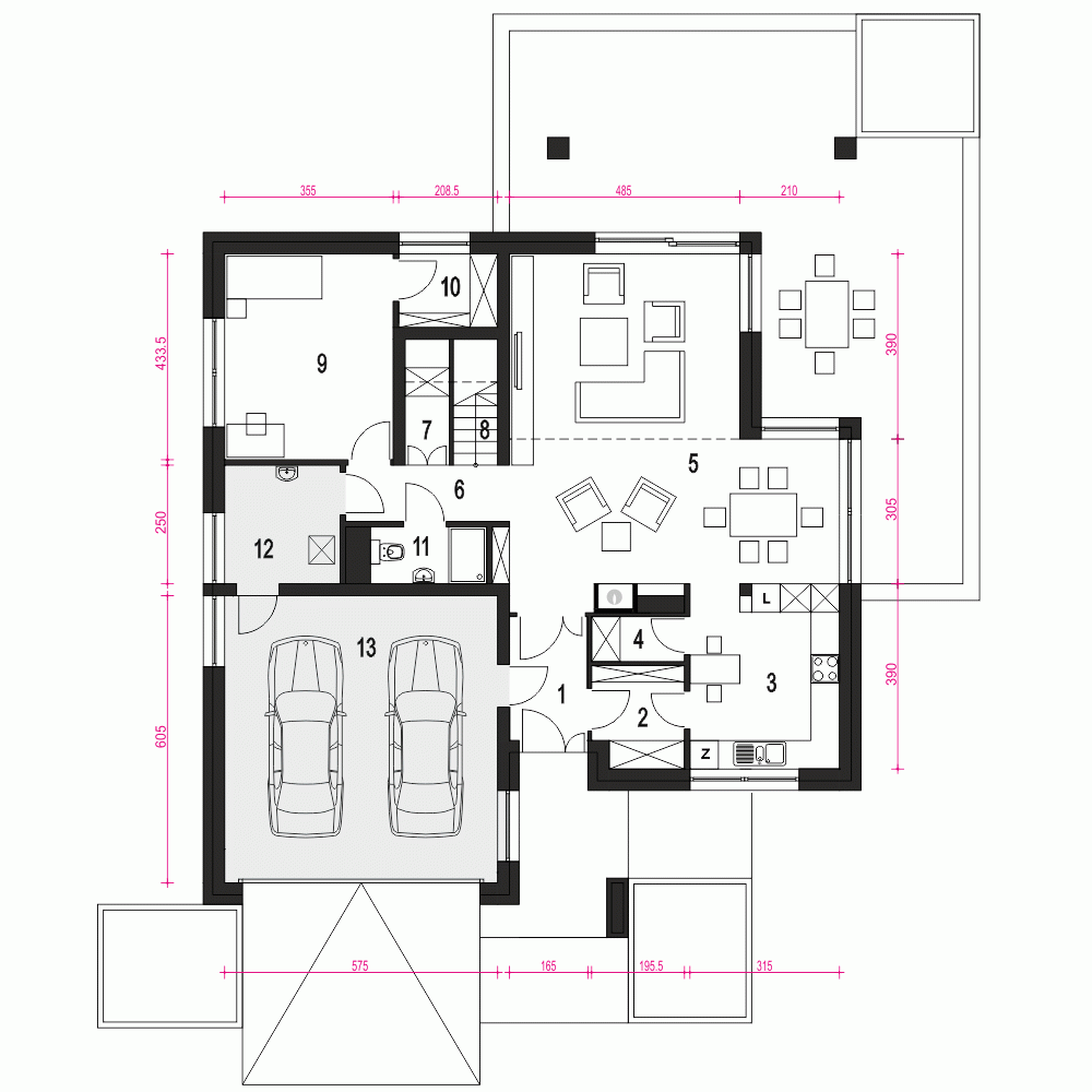Rzut projektu Willa sosnowa z garażem 2st. - Parter
