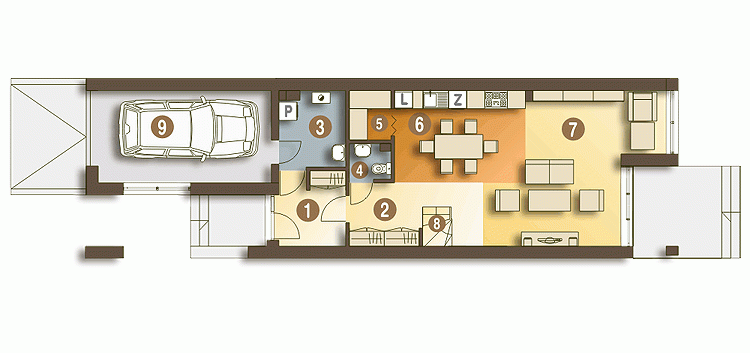 Rzut projektu Long II z garażem - Parter