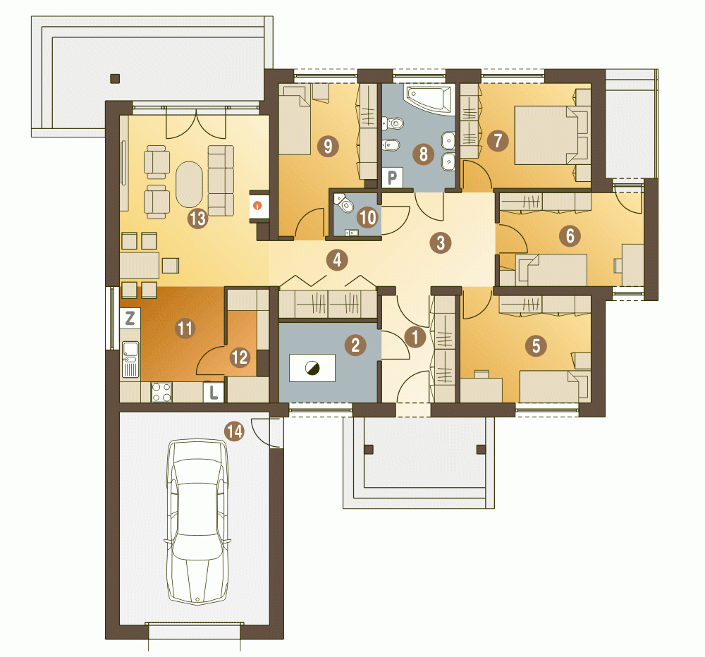 Rzut projektu Gąska A z garażem - Parter