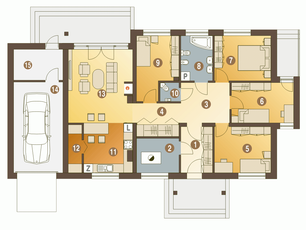 Rzut projektu Gąska A1 z garażem - Parter