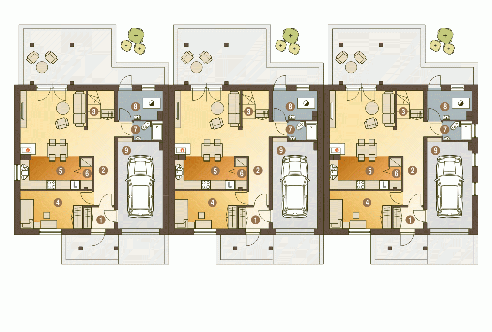 Rzut projektu Jarząbek III szeregówka z garażem - Parter
