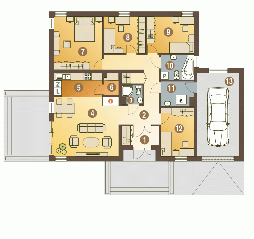 Rzut projektu Kalandra II z garażem - Parter