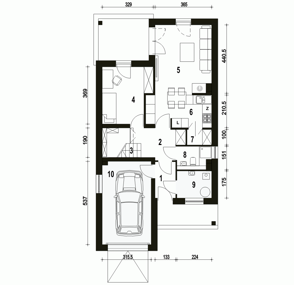 Rzut projektu Makolągwa z garażem - Parter