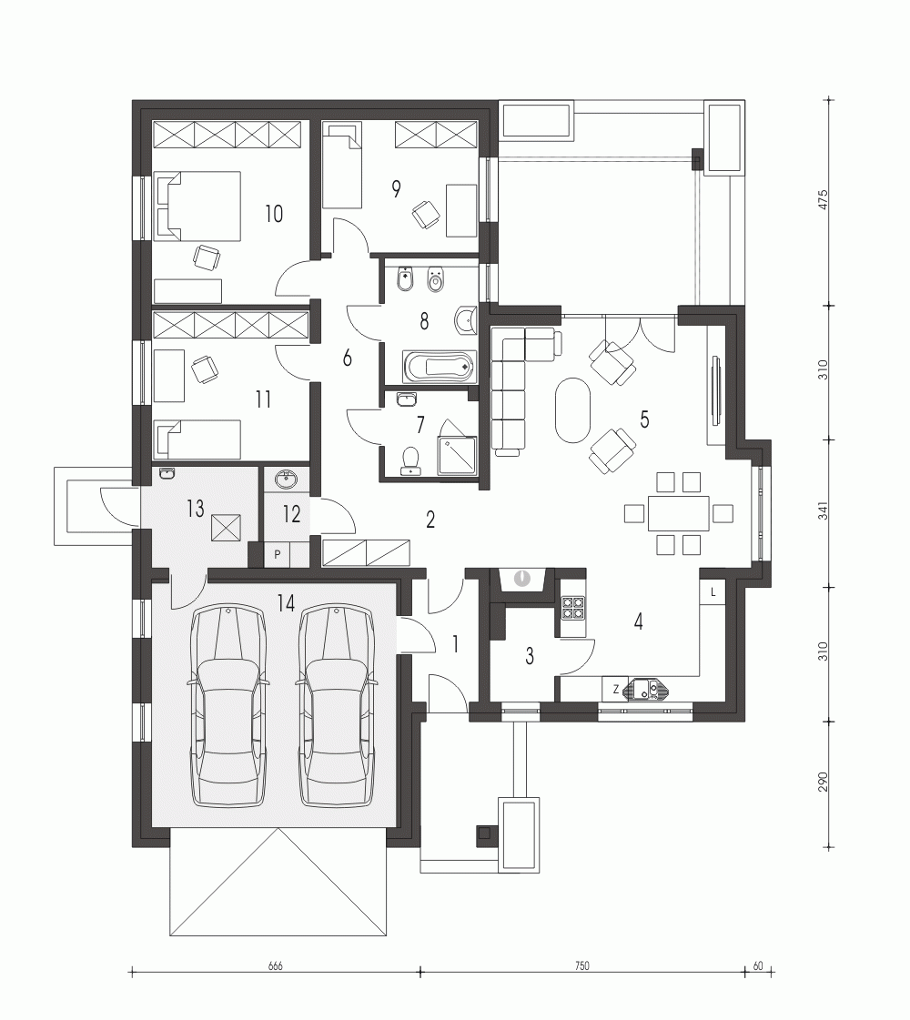 Rzut projektu Mikołaj z garażem 2st. - Parter