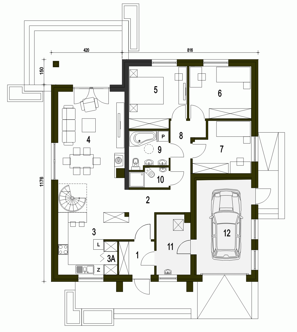 Rzut projektu Alf II z garażem - Parter