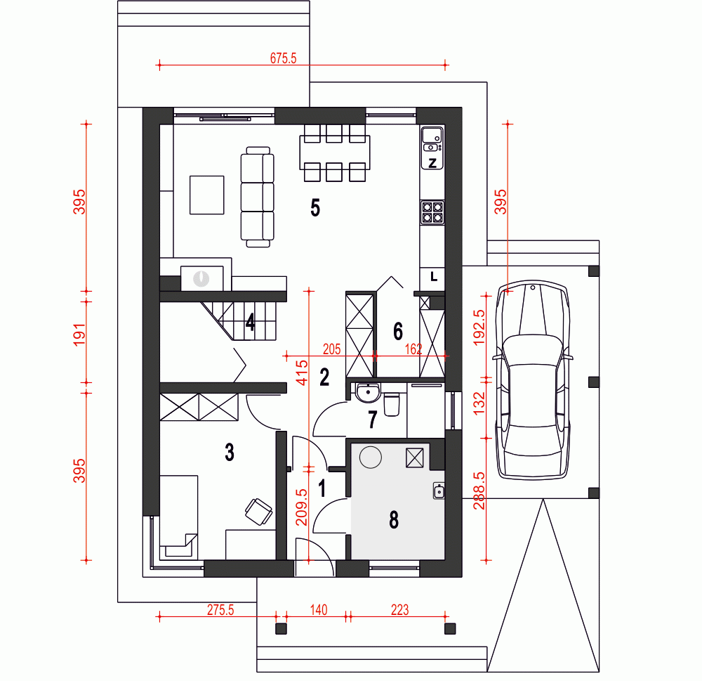 Rzut projektu Agat II z wiatą - Parter