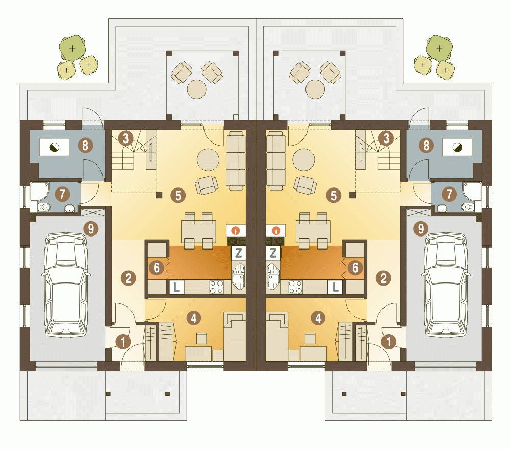 Rzut projektu Jarząbek II bliźniak BL2 z garażem - Parter