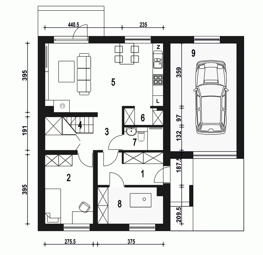 Rzut projektu Głuszec A z garażem - Parter