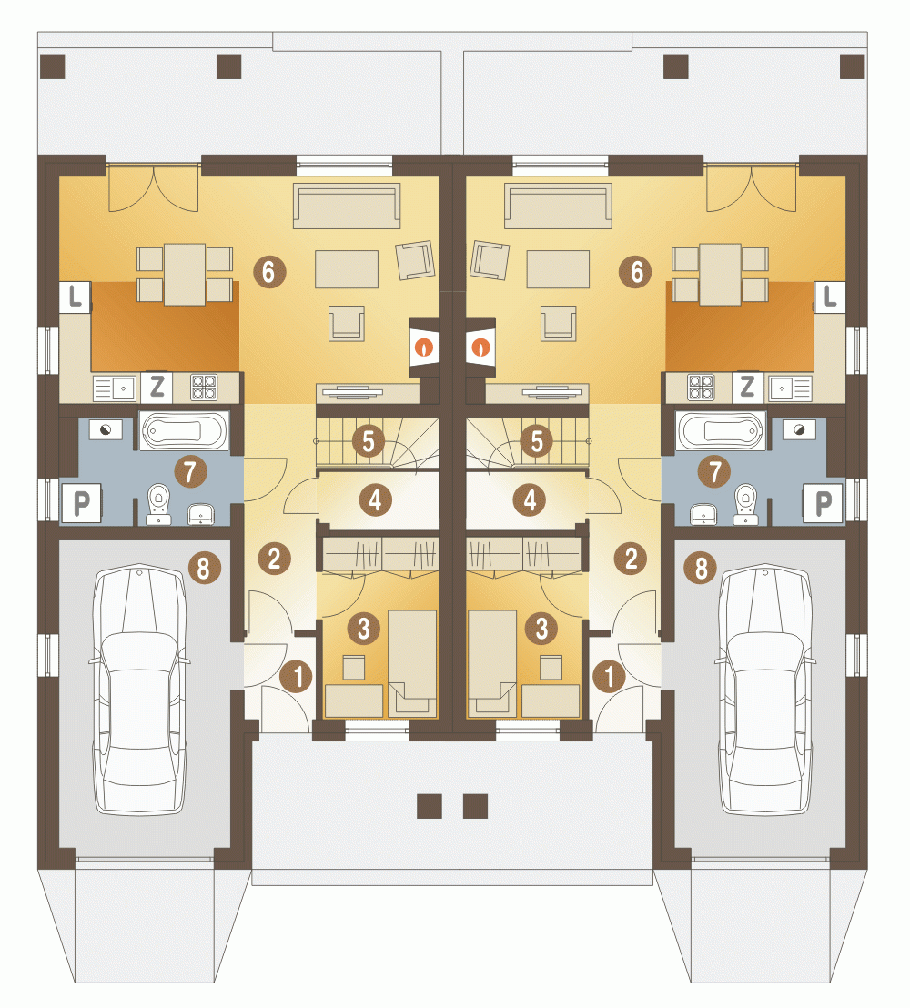 Rzut projektu Norbert bliźniak A-BL2 z garażem - Parter