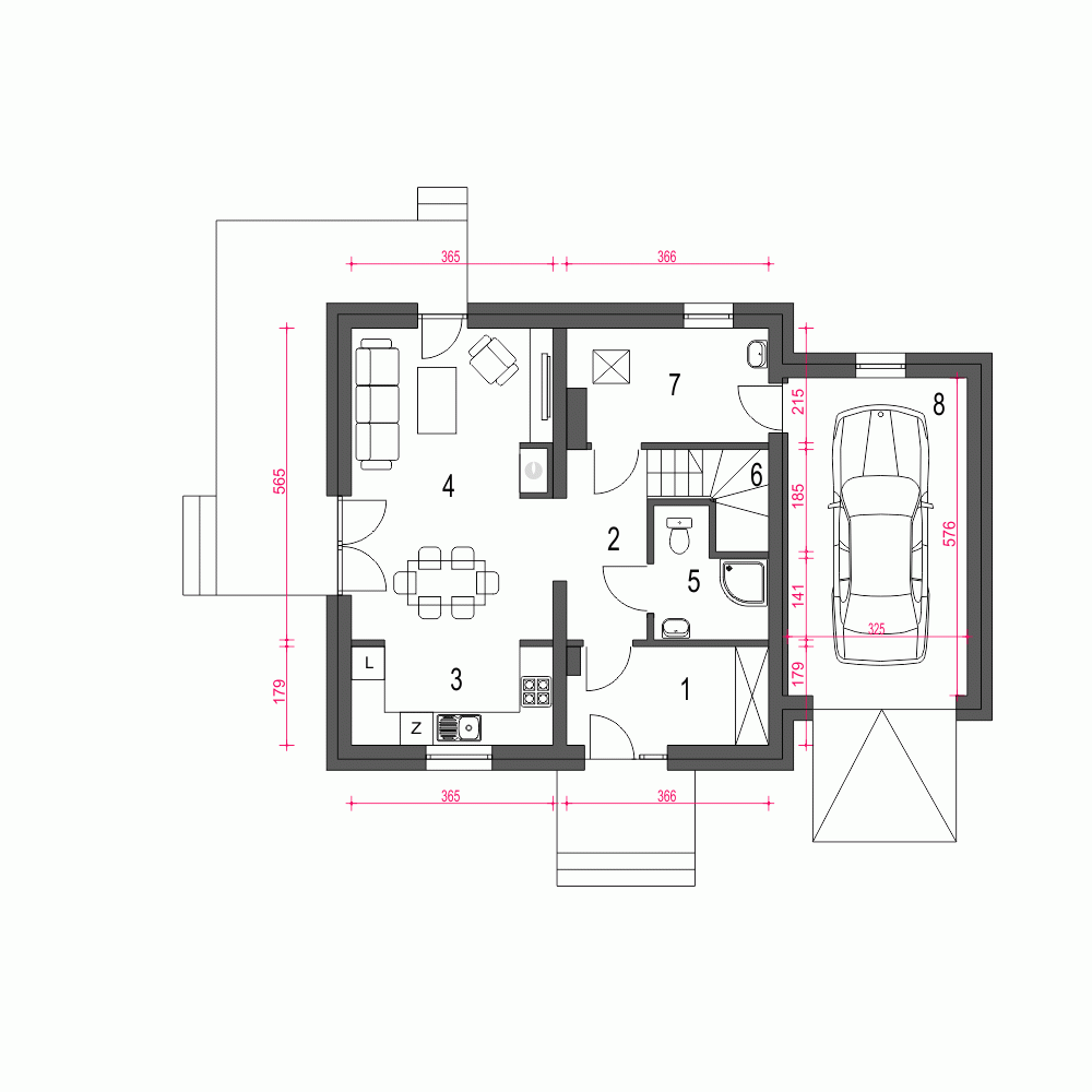 Rzut projektu Egon III z garażem - Parter