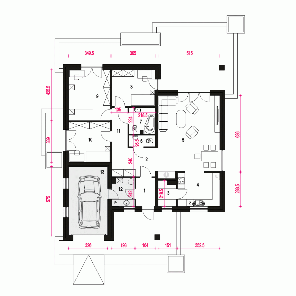 Rzut projektu Kalcyt z garażem - Parter