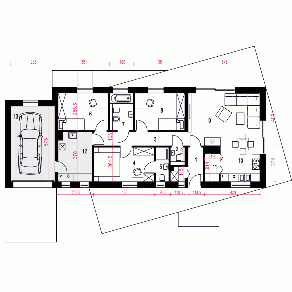 Rzut projektu Żurawinka z garażem - Parter