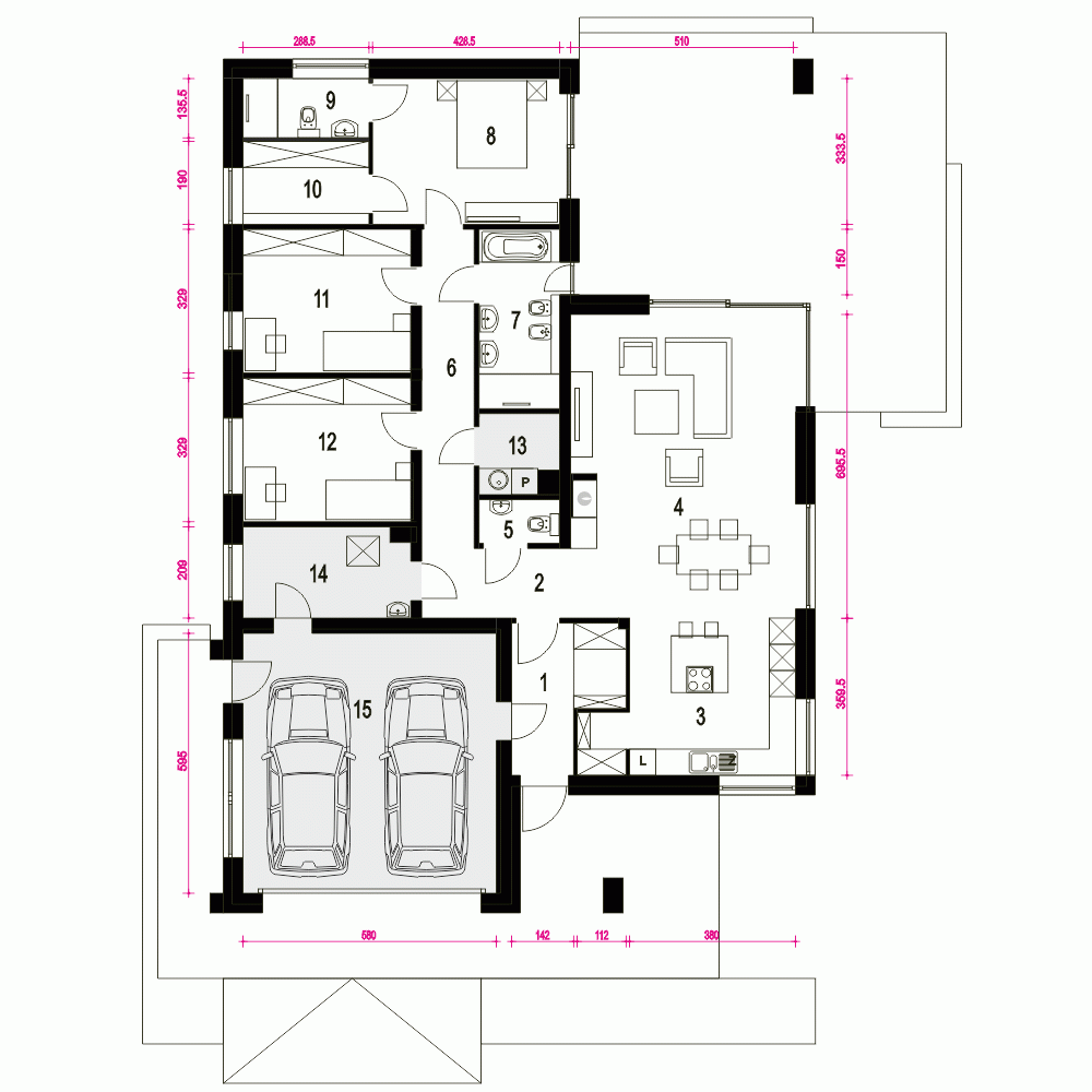 Rzut projektu Bursztyn II A1 z garażem 2st. - Parter