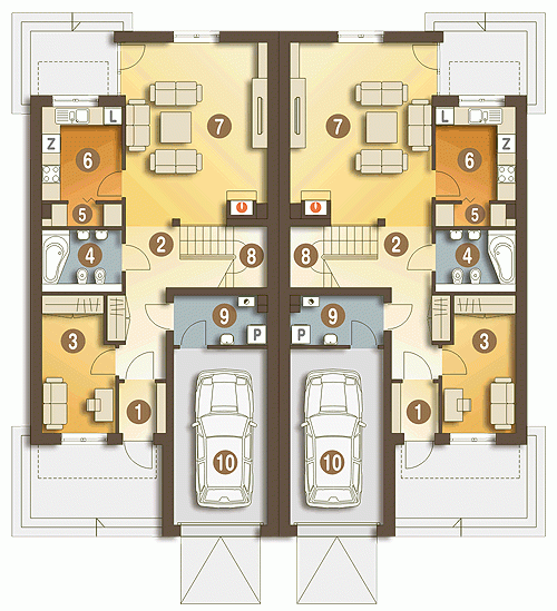 Rzut projektu Gwarek II bliźniak BL1 z garażem - Parter